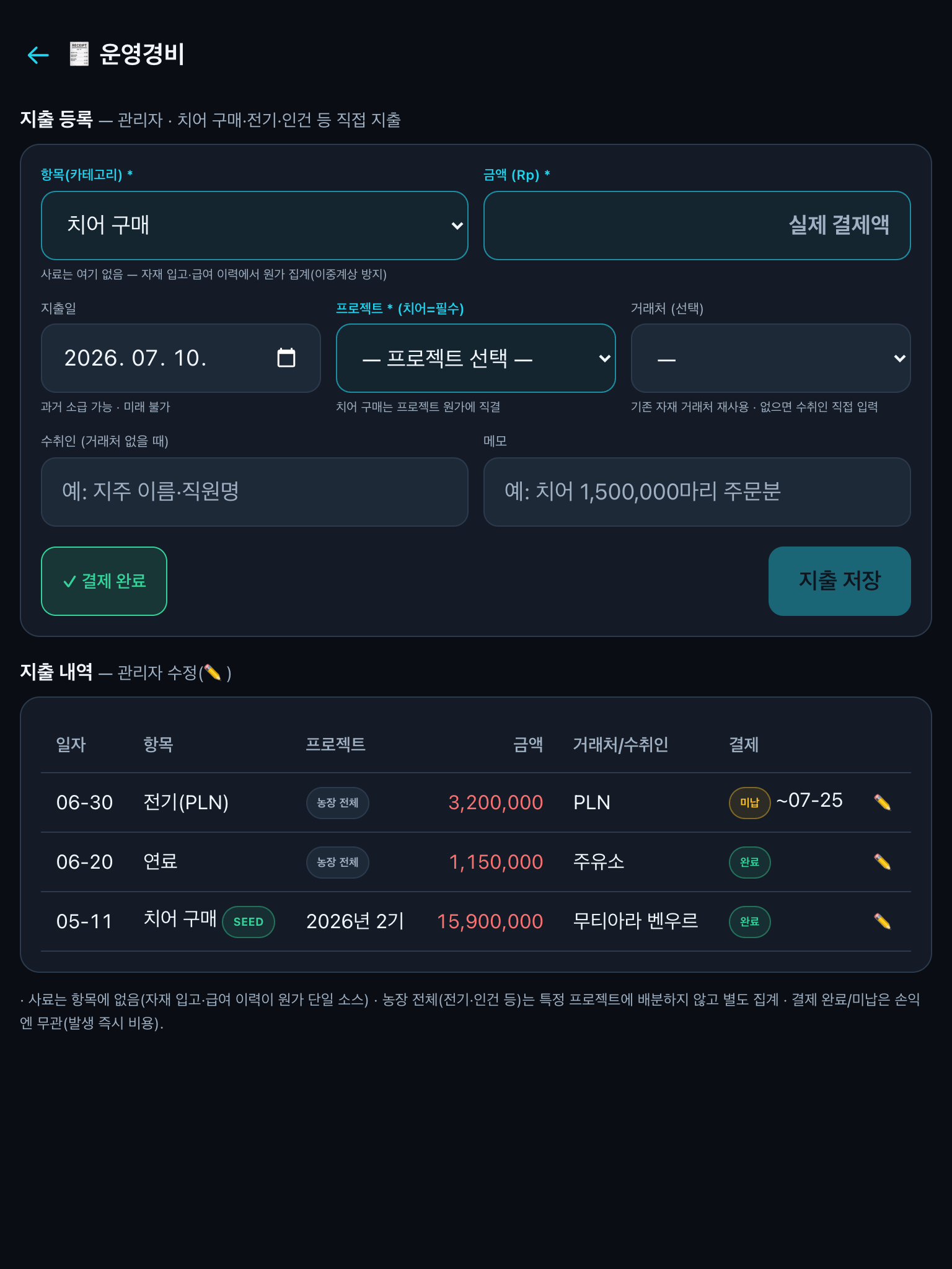 운영 경비 화면