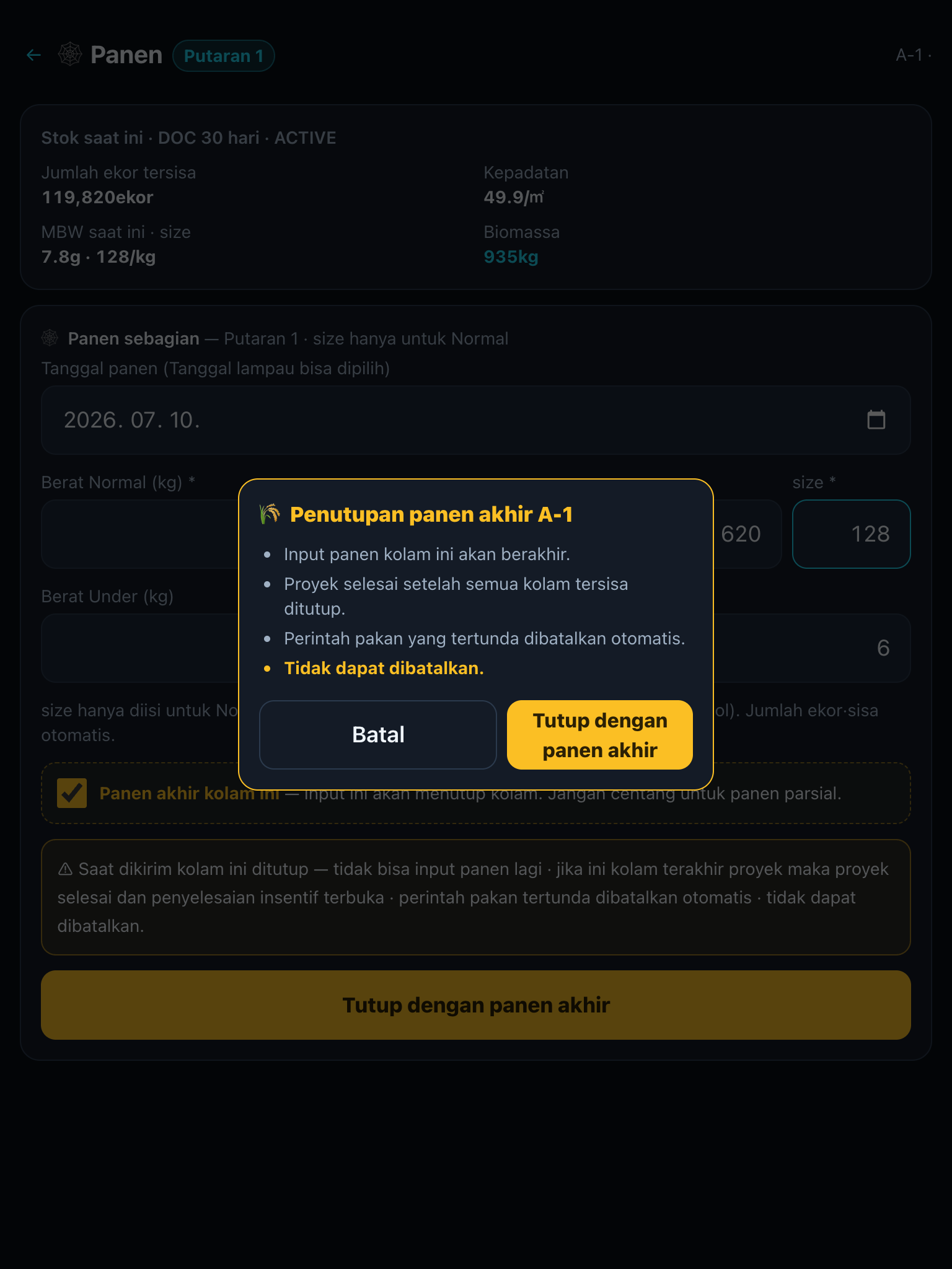 Dialog konfirmasi panen akhir