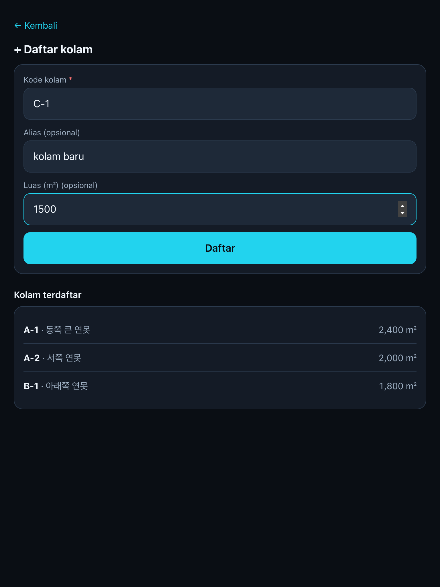 Form daftar kolam