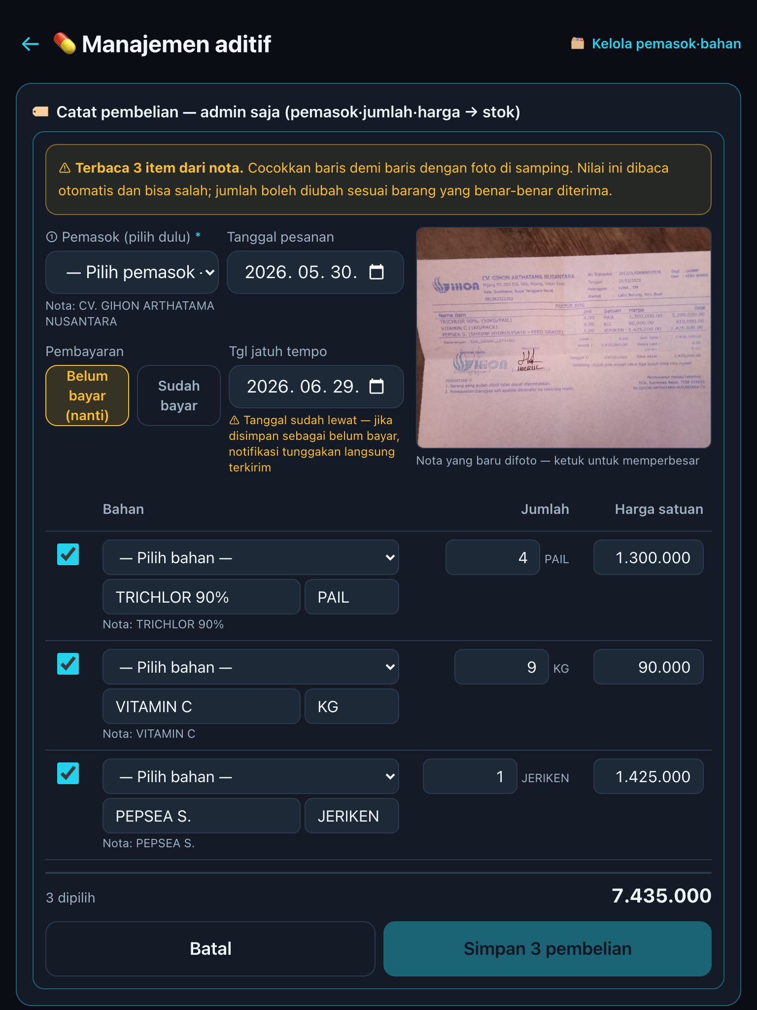 Layar konfirmasi hasil pindai
