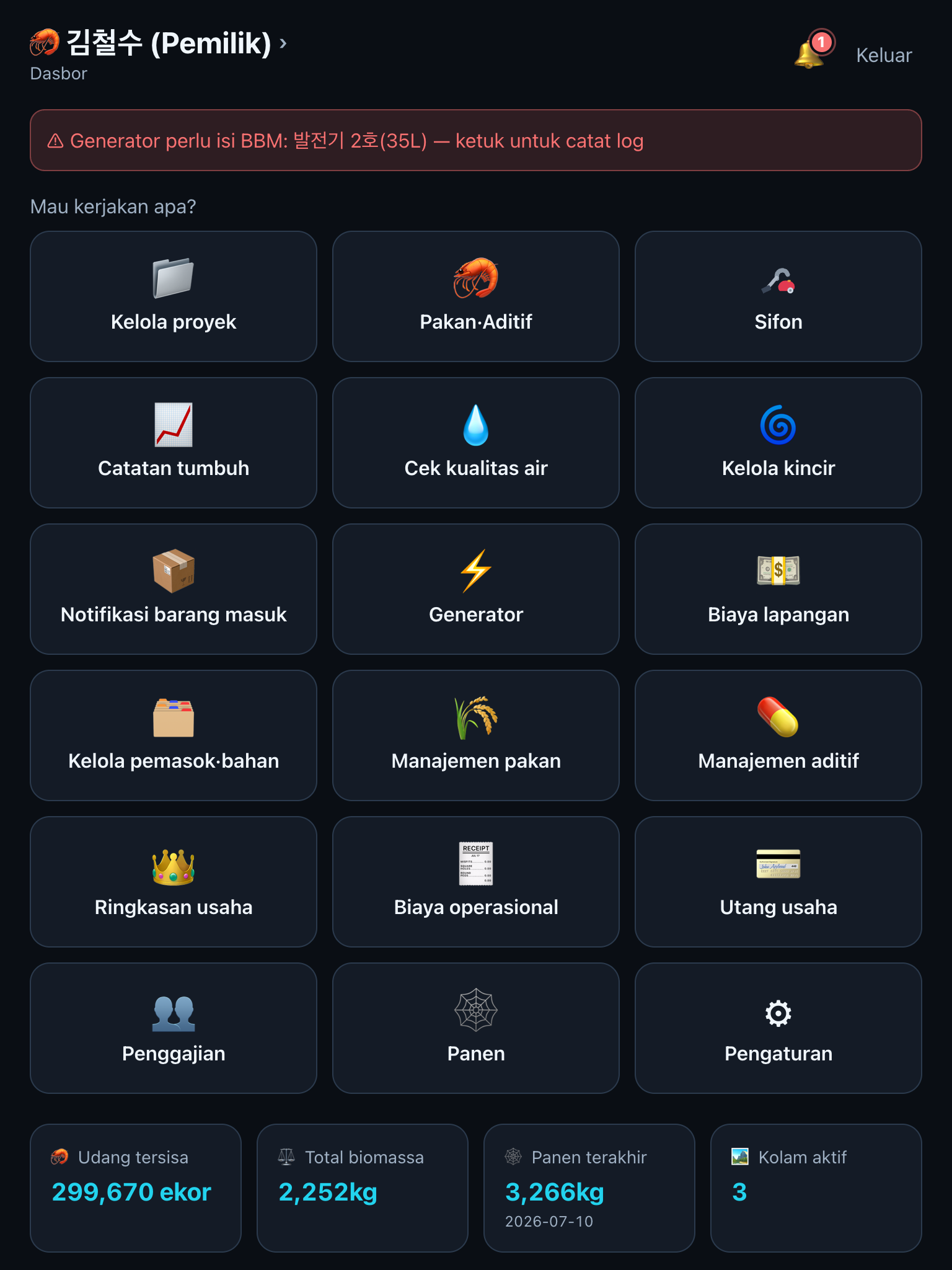 Dasbor setelah tebar