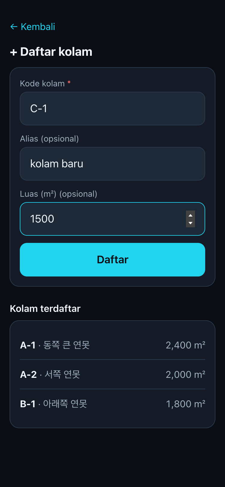 Form daftar kolam