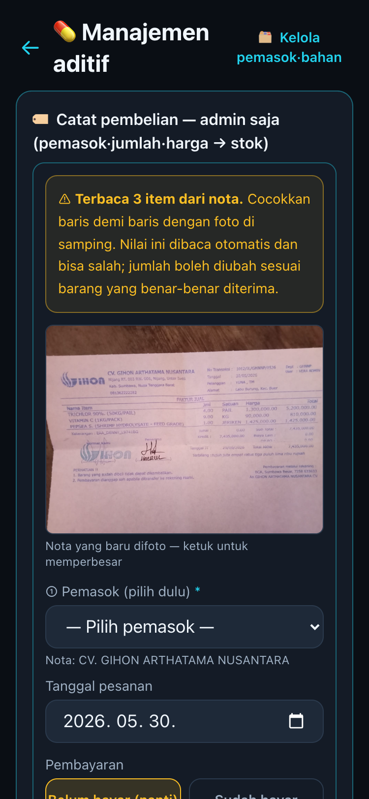 Layar konfirmasi hasil pindai