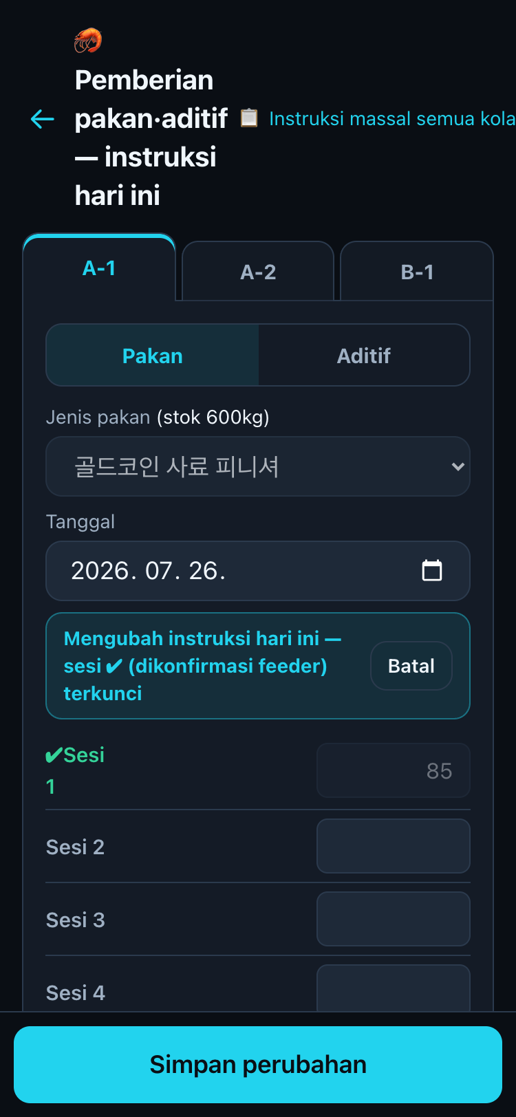 Layar perintah pakan harian